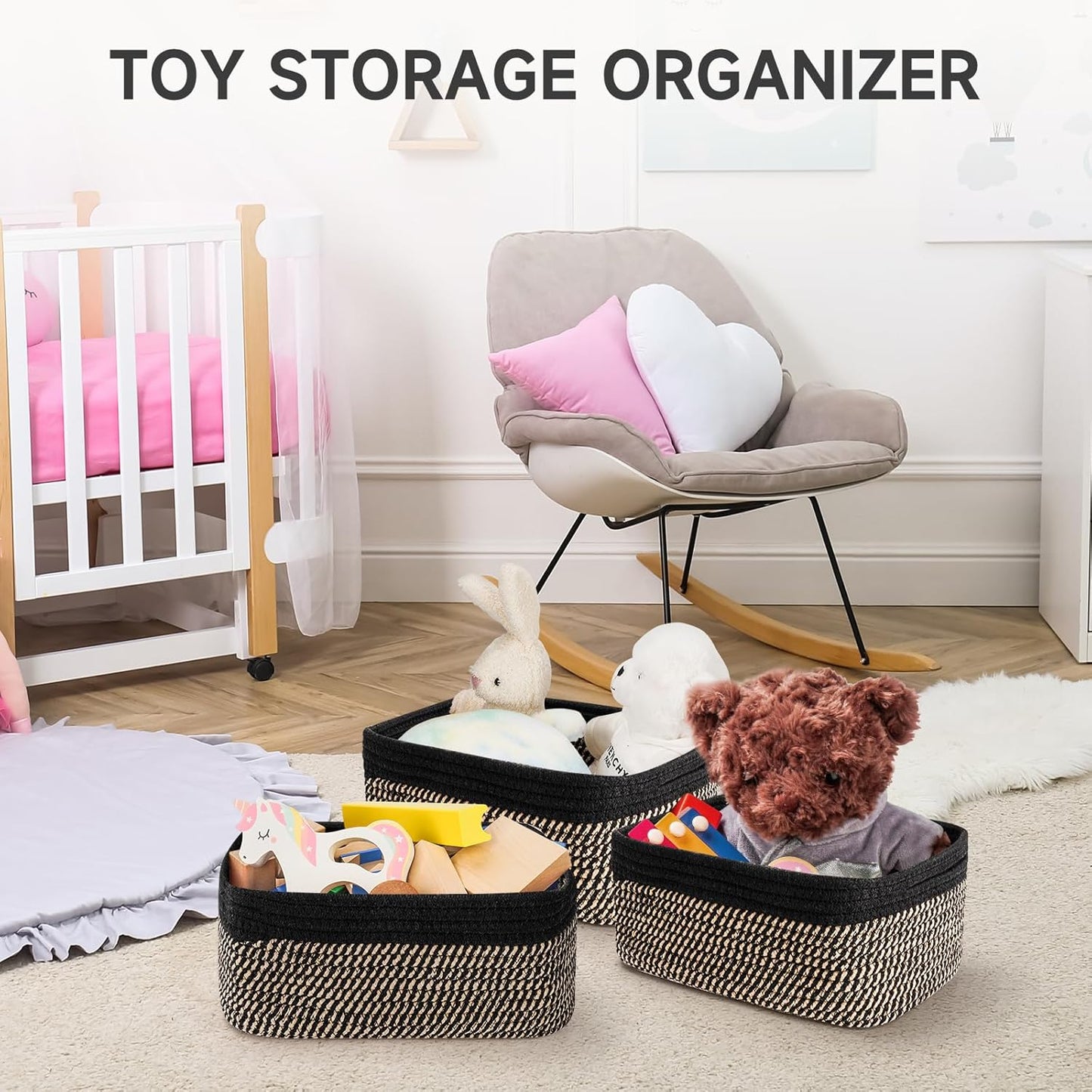 3-Pack Small Storage Baskets for Organizing | Woven Shelf Toy Basket | Rope Baskets for Gifts Empty | Closet Organizer Bins with Handles | Cube Decorative Box | 11.8×7.8×5.1” | Mixed brown