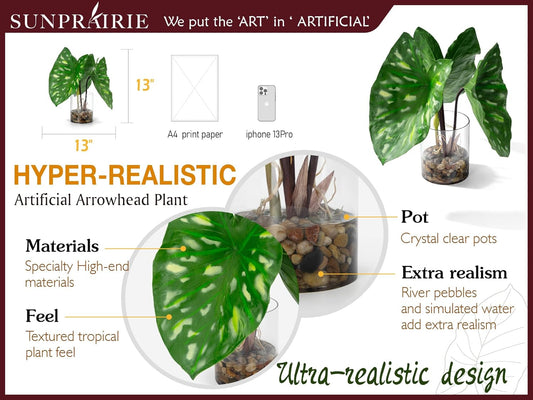 SUNPRAIRIE Realistic Faux Plant in Clear Pot with Artificial Water, Narrow Arrowhead Leaves. Artificial Plants Indoor and Outdoor