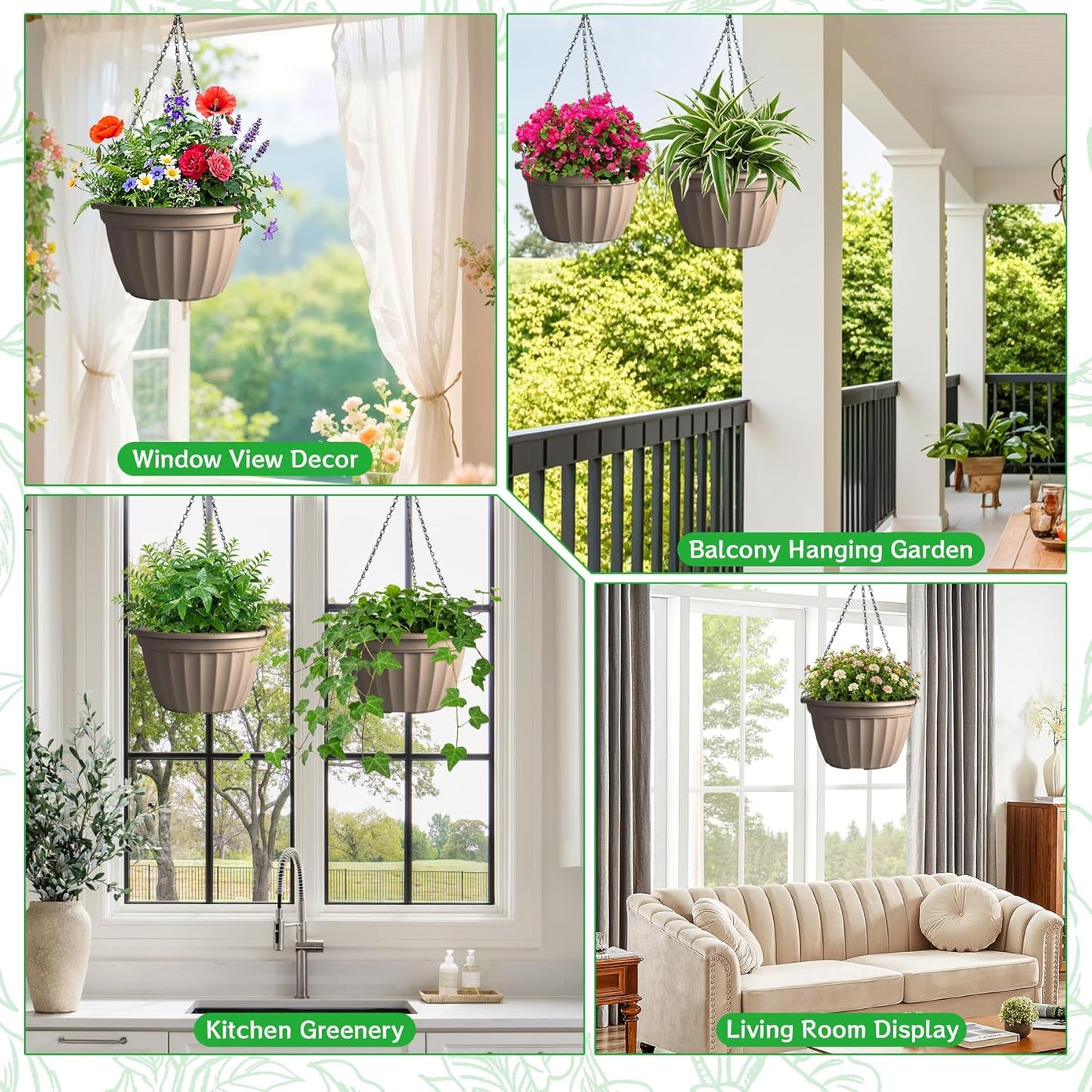 FGstyle Hanging Planters 10 Inch, 4 Pcs Self Watering Pots for Indoor Plants,Plastic Hanging Basket with Soil Elevator and 20" Chain for Home Garden Porch Balcony Patio Decor(Black)