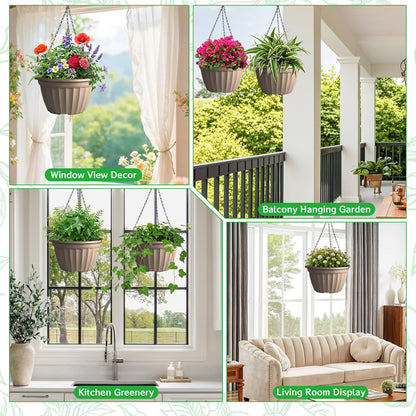 FGstyle Hanging Planters 10 Inch, 4 Pcs Self Watering Pots for Indoor Plants,Plastic Hanging Basket with Soil Elevator and 20" Chain for Home Garden Porch Balcony Patio Decor(Black)