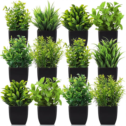 Unittype 12 Pcs Fake Plants Small Artificial Faux Plants for Shelf Mini Plastic Potted Greenery for Home Office Desk Bathroom Bedroom Indoor Decor(White Pot,Green)