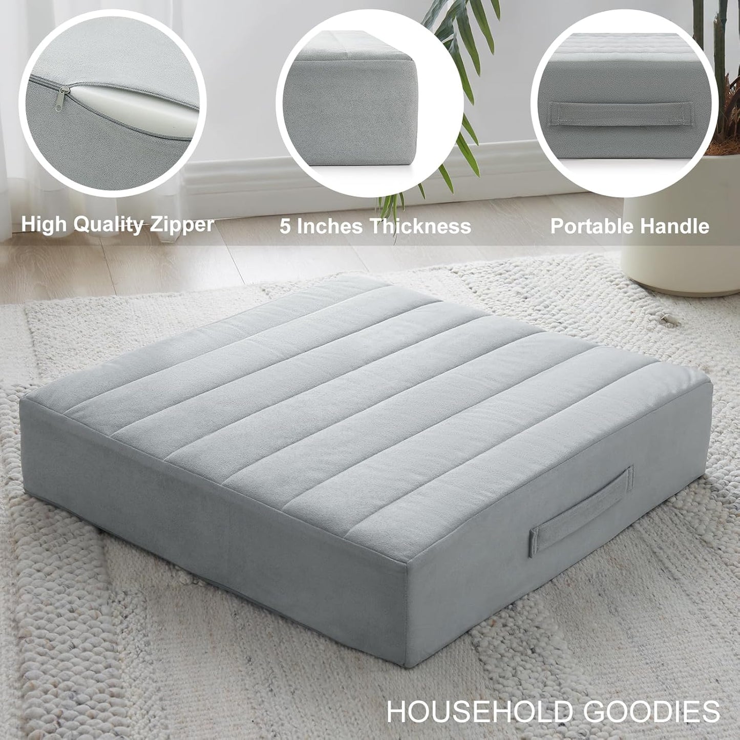 JKMAX 2 Pcs High Density Foam Floor Pillow - Upgraded Large Pillows Seating for Adults - Outdoor Floor Cushion with Soft Tufted Cover - Yoga Pillows for Sitting On Floor - 22 Inch Light Gray