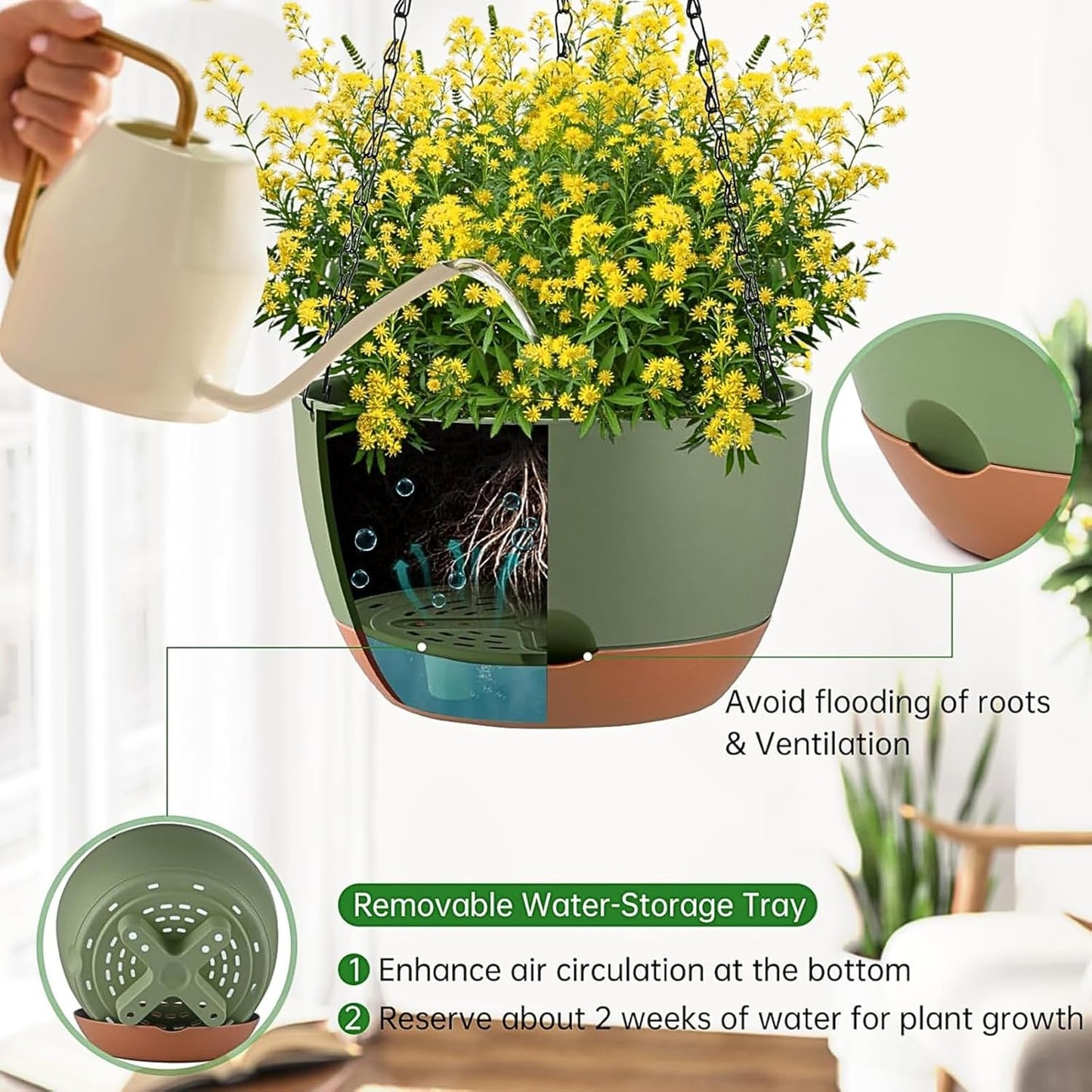 Set of 2 Hanging Planters for Indoor Outdoor Plants, 8 Inch Self-Watering Hanging Flower Pots with Drainage Hole & Removable Water-Storage Tray (Hooks)
