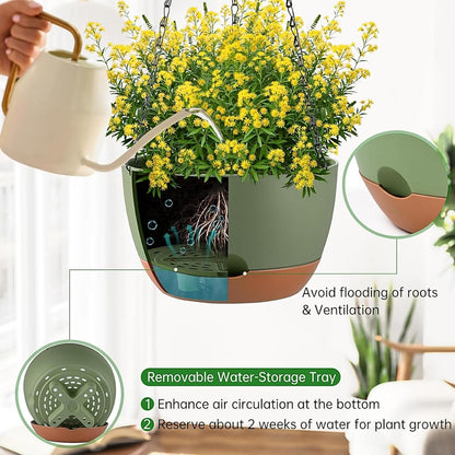 Set of 2 Hanging Planters for Indoor Outdoor Plants, 8 Inch Self-Watering Hanging Flower Pots with Drainage Hole & Removable Water-Storage Tray (Hooks)
