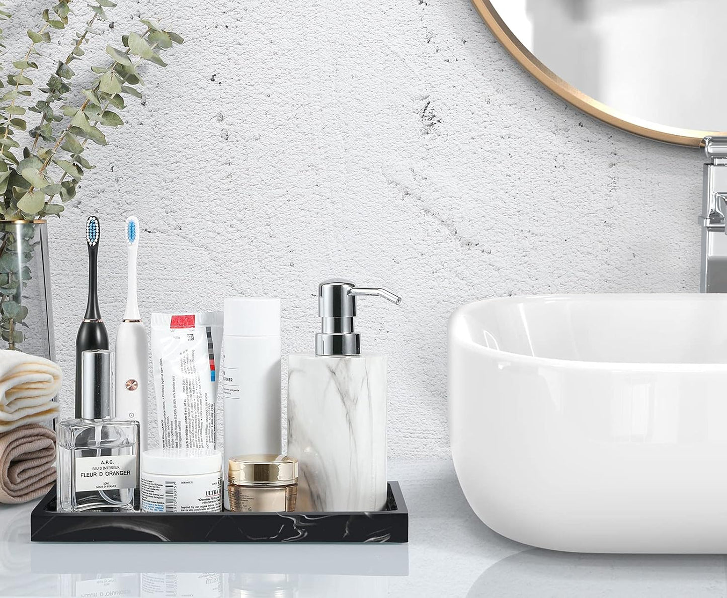 Luxspire Bathroom Vanity Tray, 8 x 4 inch Resin Kitchen Sink Tray for Soap Dispenser Bathroom Countertop Organizer Plate Holder for Perfume Soap Towel Bathroom Accessories, Mini, White Marble