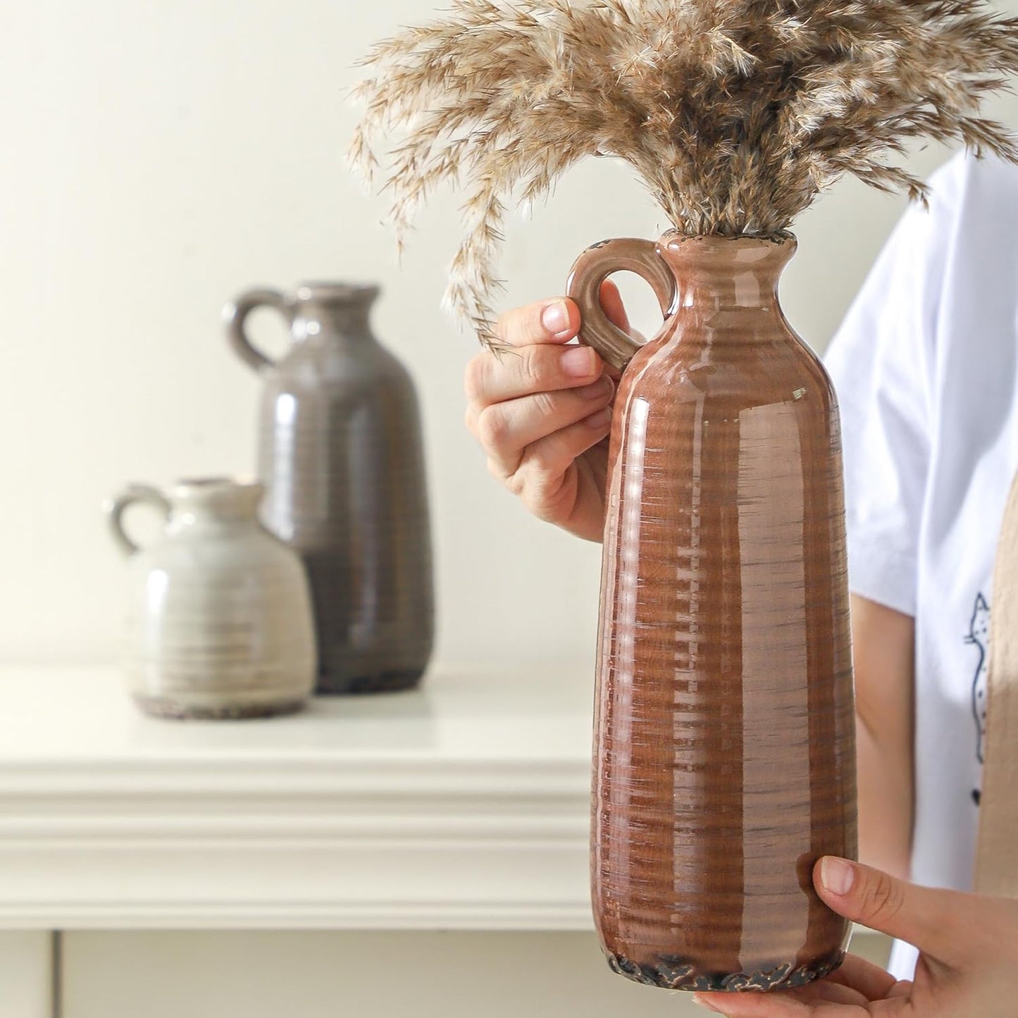Ceramic Vase Set of 3 | Neutral Vase Home Decor with Handle | Pottery Modern Farmhouse Vases Pampas Grass Flower Vases for Home Decor Table Living Room Centerpieces Mantel Decor - Multicolor