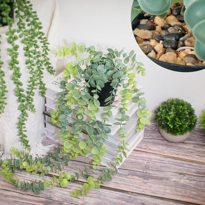 LOYWREE Fake Plants Indoor Artificial String of Pearls Plant in Black Pots, Realistic Green Faux Succulent Hanging Plants for Shelf Decor Desk Home Garden Decorations
