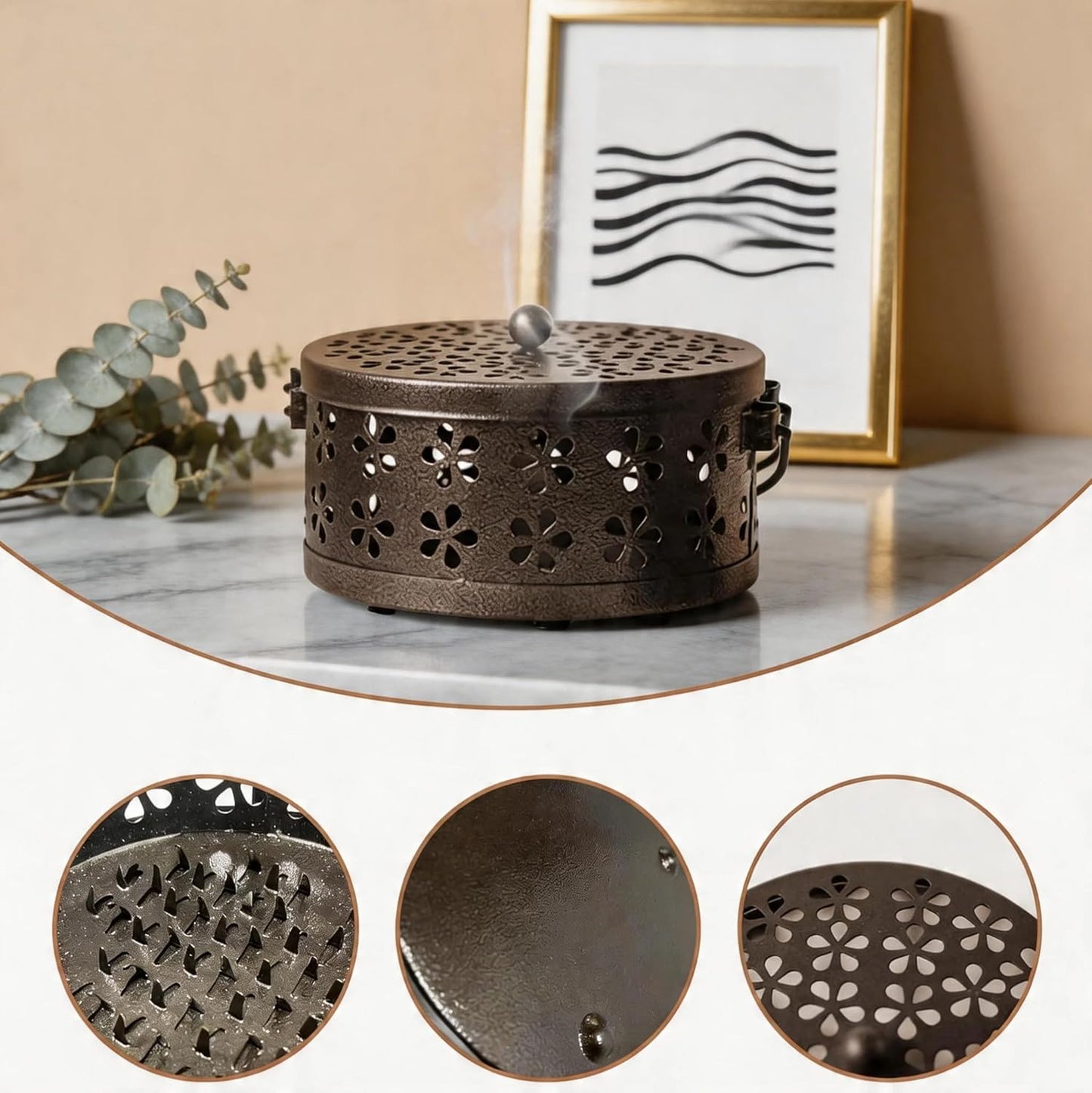 2-Pack Retro Bronze Mosquito Coil Holder, Outdoor Citronella Incense Sticks Burner, Metal Incense Holder with Handle