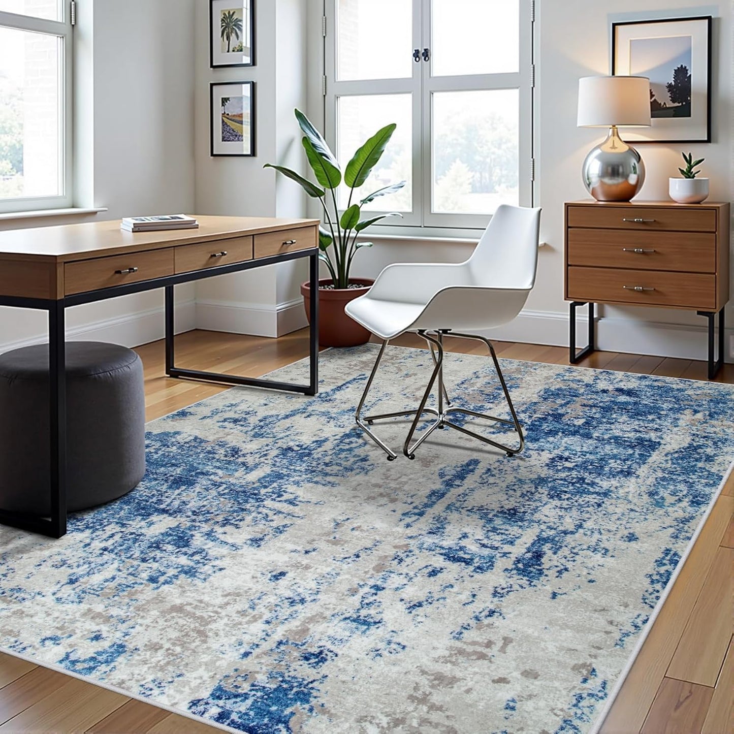 8x10 Area Rugs for Living Room Rug Washable: Abstract Large Rug for Dining Room Bedroom Carpet Non Slip 8 by 10 Indoor Modern Nursery Home Office Blue Grey
