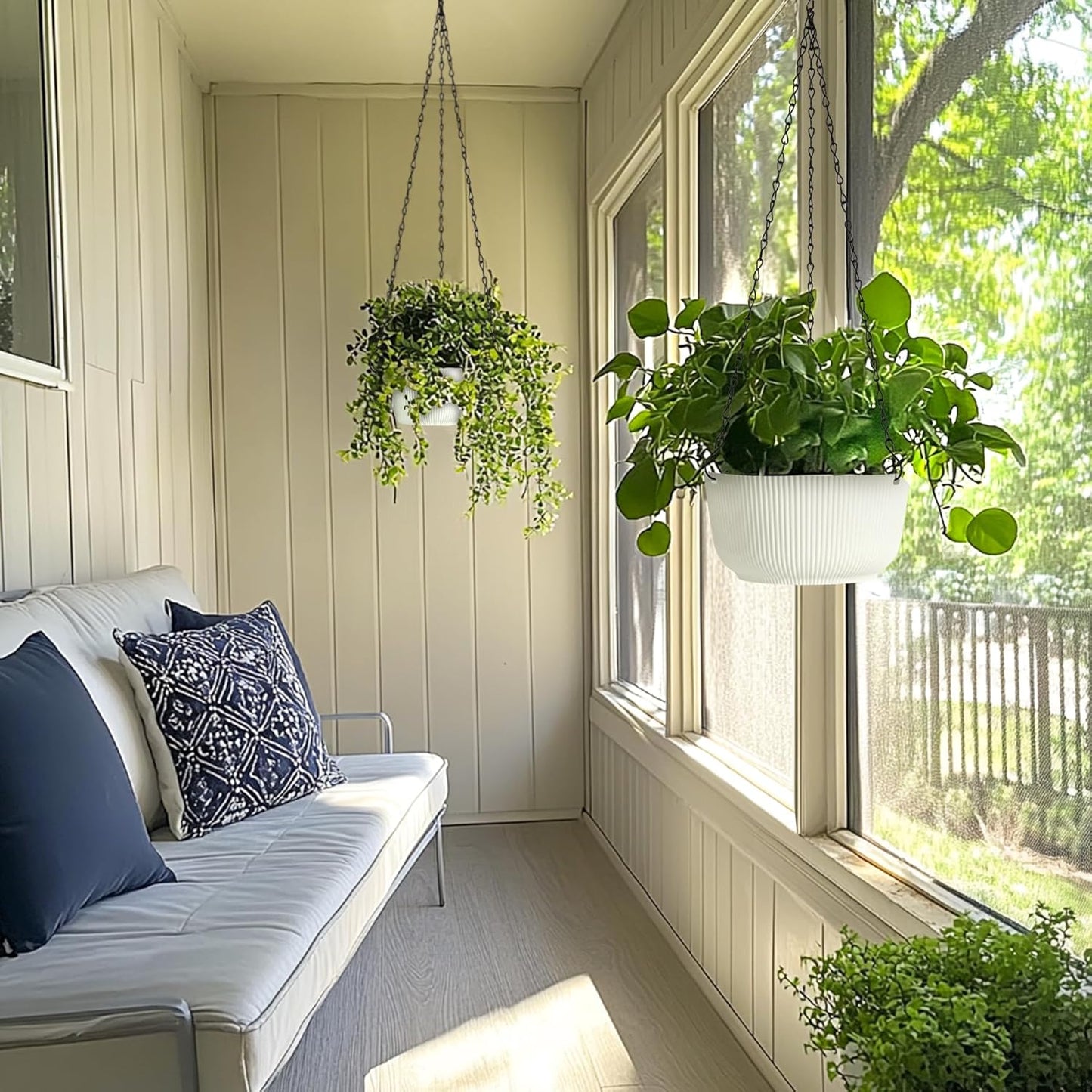 T4U 10 Inch Hanging Planters for Indoor Plants, 2 Pack White Self Watering Hanging Plant Pot, Hanging Pots Set with Drainage Hole & Plug & Chain with 3 Hooks for Garden Home Decor