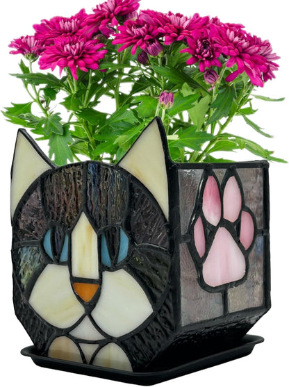 Tiffany Stained Glass Fun Moon Sleeping Cat Planter，Cactus Planter，Cute Planters for Indoor Plants,Decorative Flower Pots As Gifts for Cat Lovers，4.6x3x5.15 in