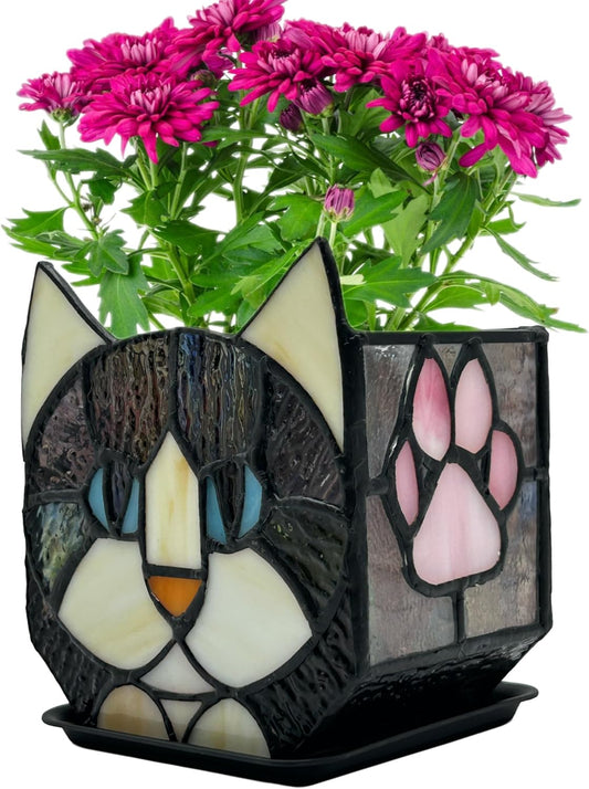 Tiffany Stained Glass Fun Moon Sleeping Cat Planter，Cactus Planter，Cute Planters for Indoor Plants,Decorative Flower Pots As Gifts for Cat Lovers，4.6x3x5.15 in