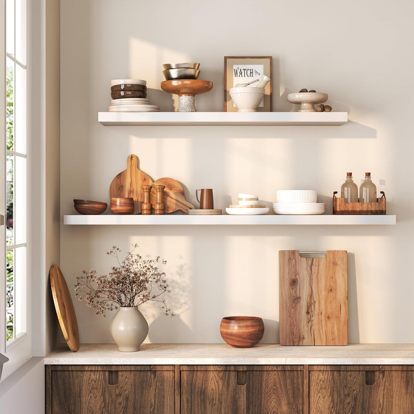 Floating Shelves 36 Inches Long - 8 Inch Deep Rustic Premium Solid Pine Wood for Storage - Farmhouse Wall Mounted for Living Room - Heavy-Duty Metal Bracket - 36" W x 8" D - Set of 2 - White Color