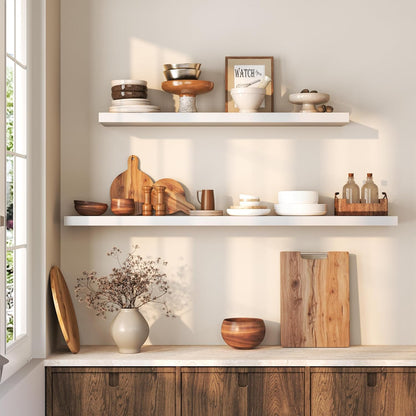 Floating Shelves 36 Inches Long - 8 Inch Deep Rustic Premium Solid Pine Wood for Storage - Farmhouse Wall Mounted for Living Room - Heavy-Duty Metal Bracket - 36" W x 8" D - Set of 2 - White Color