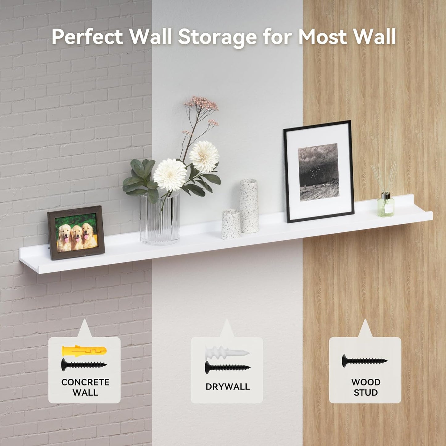 RICHER HOUSE 5 Set Floating Wall Mounted Shelves, Black Shelves for Wall Decor, Modern Picture Ledge Shelf with Lip for Storage, Nursery, Bedroom, Living Room, Bathroom - Black