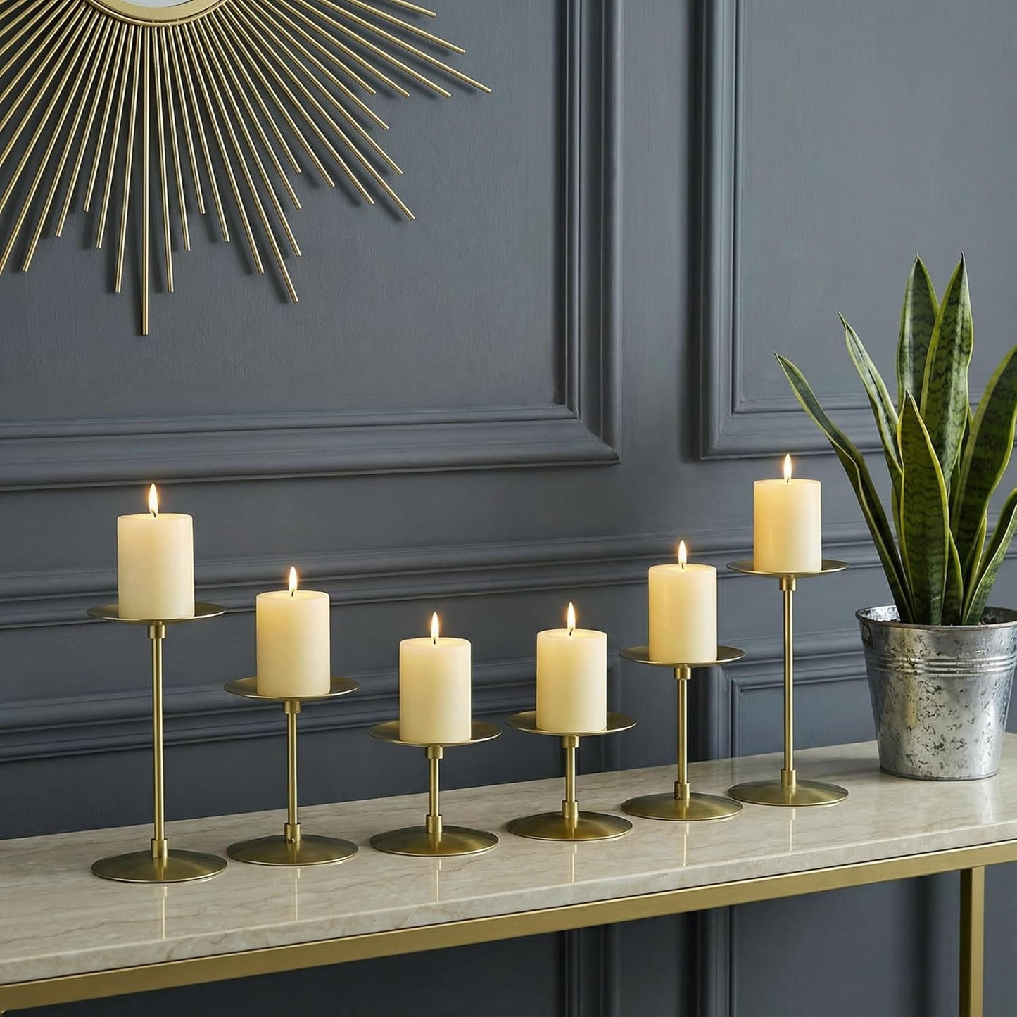 Elsjoy Set of 6 Black Pillar Candle Holders, Metal Pillar Candle Stand Fireplace Candelabras Set for Home Decor, Table Centerpiece, Wedding, 3 Sizes