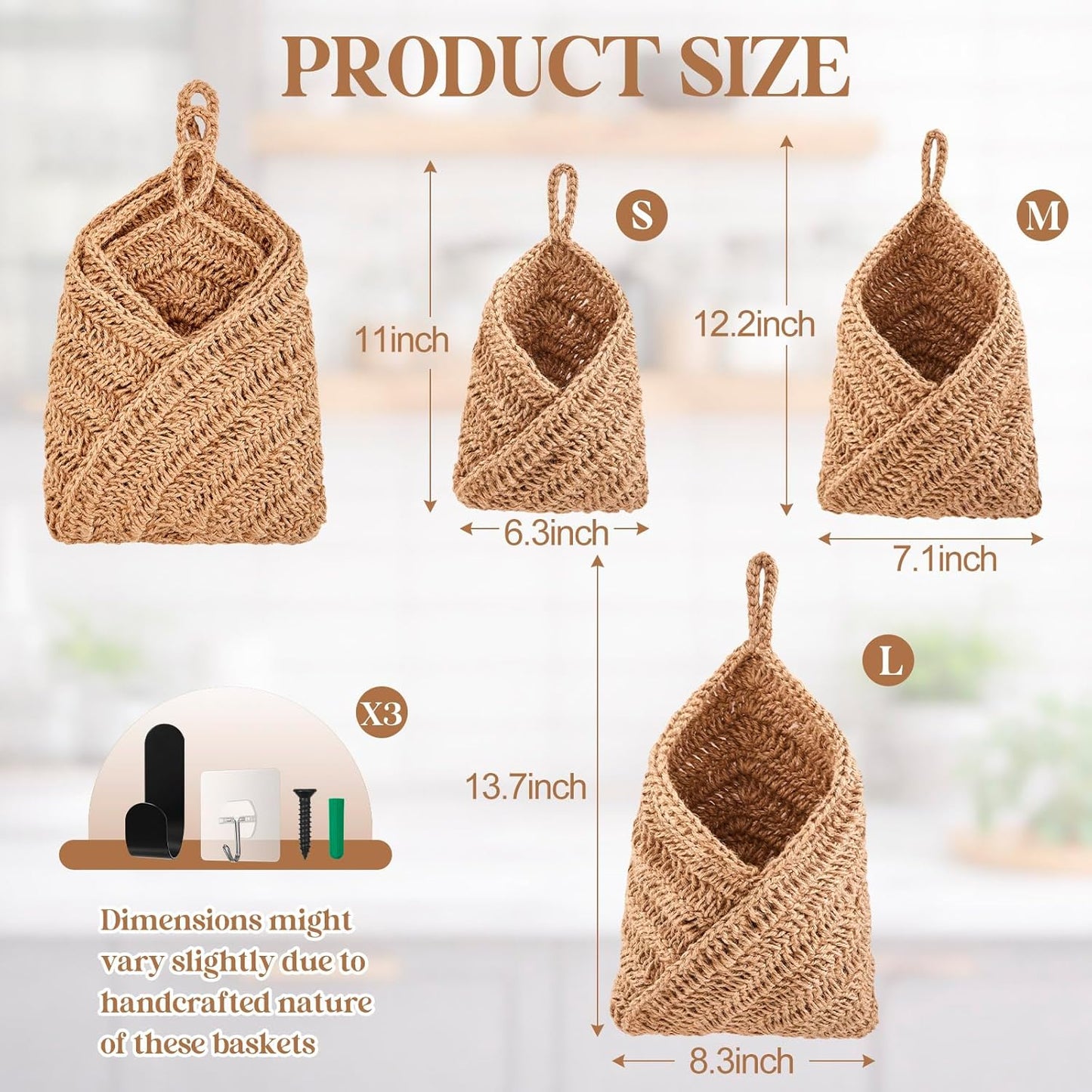 Honeydak Boho Decor Hanging Wall Baskets for Kitchen 3 Pack Teardrop Baskets with Hooks Storage Fruit Onion Vegetable Potato for Home 3 Sizes(Linen,Teardrop,Jute)