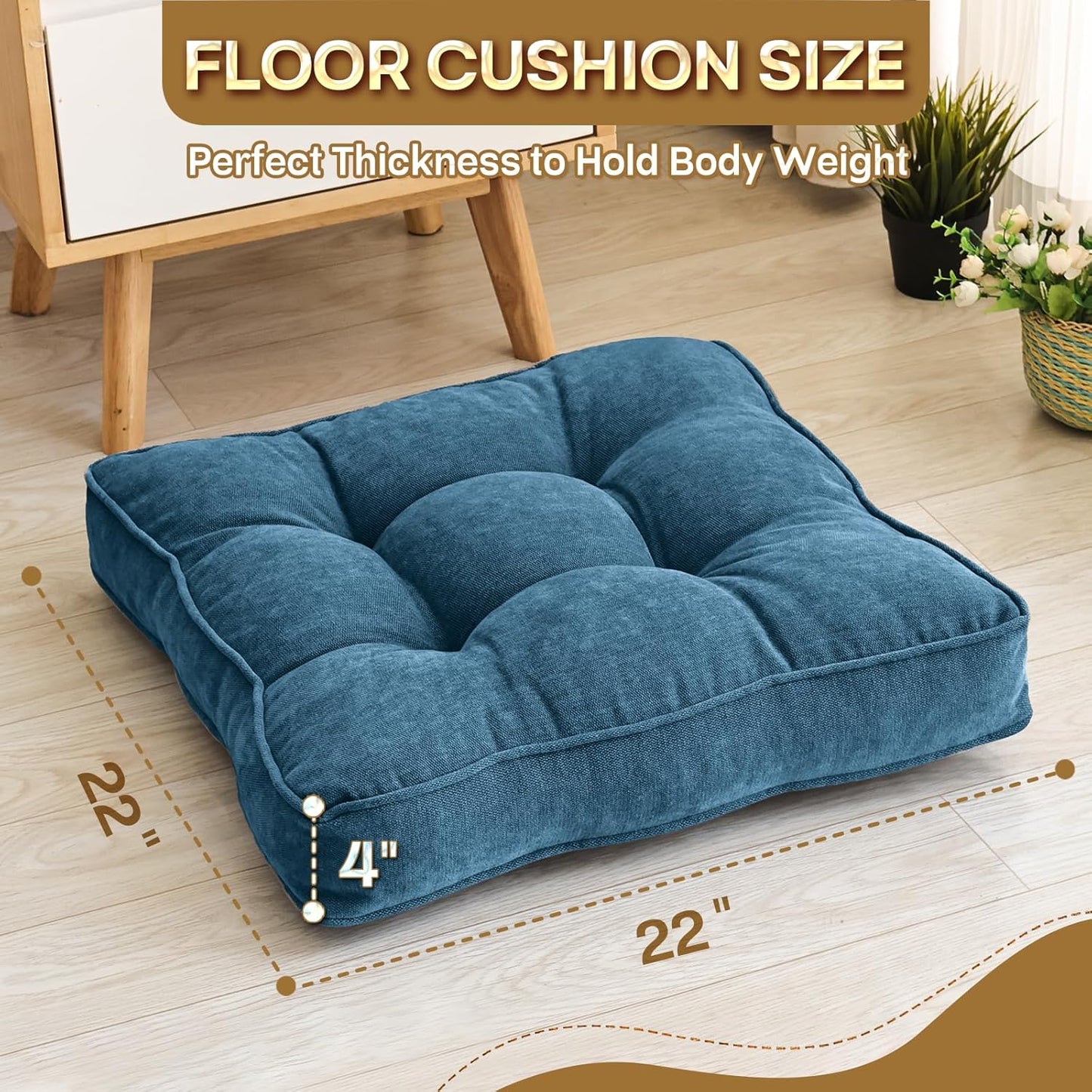 1 MIDDLE ONE Floor Pillow Set of 2, Memory Foam Floor Cushions for Adults, Large Meditation Pillow for Sitting, 22 x 22 Inches (Square | Grey)