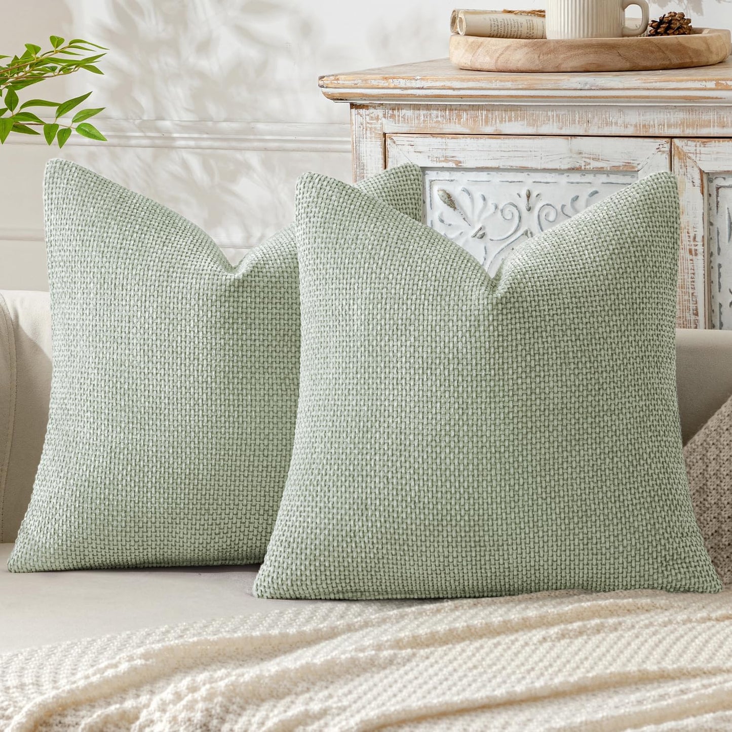 MIULEE Pack of 2 Couch Throw Pillow Covers 18x18 Inch Neutral Beige Modern Boho Accent Decorative Pillow Covers Soft Chenille Farmhouse Cushion Covers for Home Decor Bed Sofa Living Room