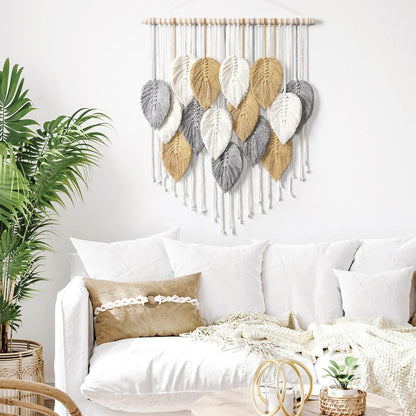 LOMOHOO Macrame Wall Hanging Boho Beige Leaves Tapestry Bohemian Handmade Woven Wall Art Decoration for Bedroom Living Room Apartment Dorm Gallery Perfect Handmade Gift Ideas