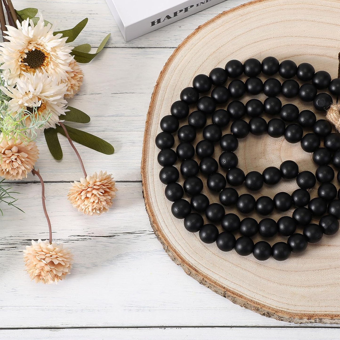 Geetery 2 Pcs 58'' Bead Garland with Tassels, Rustic Country Decor, Boho Wall Hanging for Farmhouse Style, Versatile Prayer Beads for Home, Table, or Wall Decoration (Black)