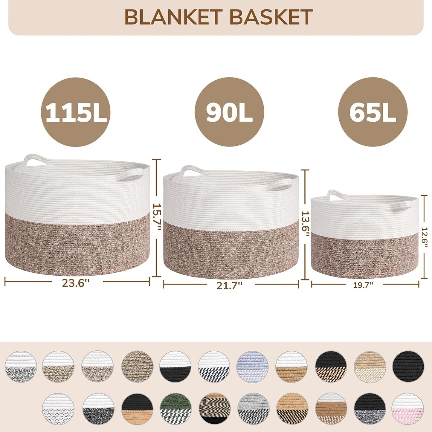 INDRESSME XXXLarge Blanket Basket for Living Room 21.7" x 21.7" x 13.8"-Storage Basket with Handle for Organizing Toy Pillows Woven Cotton Rope Laundry Basket Stuffed Animal Toy Storage for Play Room
