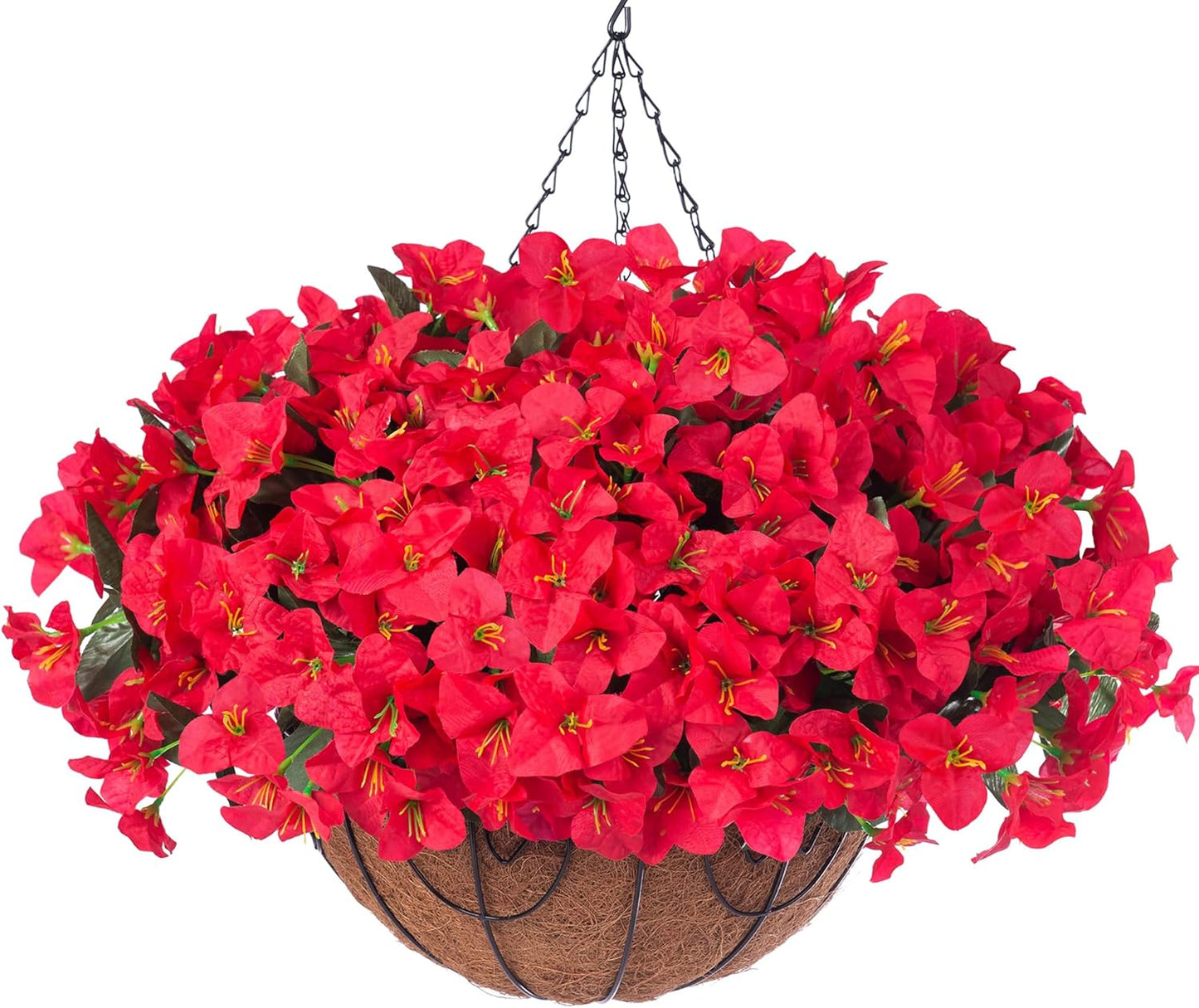 Artificial Hanging Flowers Faux Plants Basket for Outdoors Spring Summer Decor, Fake Silk Bougainvillea in Planter Outdoor Look Real UV Resistant Faux Flower for Outside Porch Patio Garden Home, White