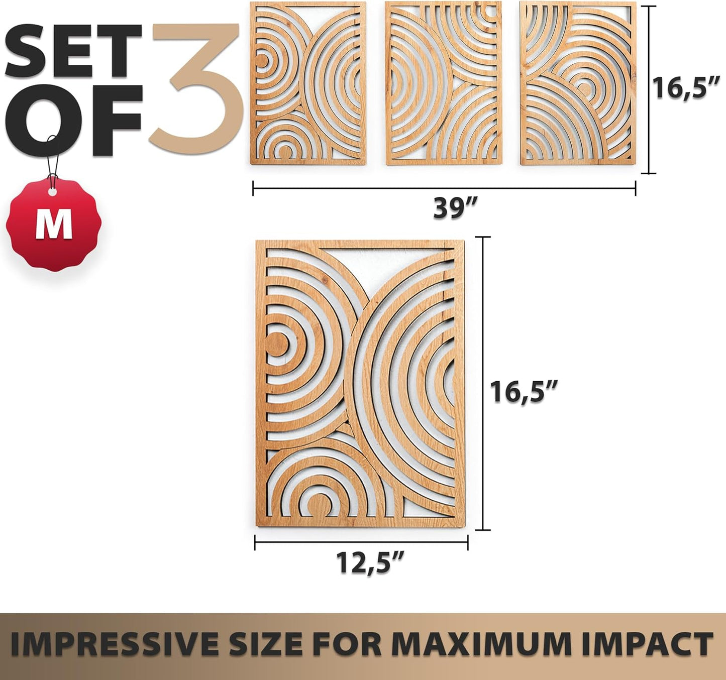 qmmp Modern Wooden Wall Sculptures - Set of 3 - Home Decor Accent - Large Wall Art for Living Room, Bedroom, Office - Easy Installation (Oak, Medium - Mountain and Sun)