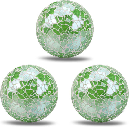 2 Pieces Decorative Glass Orbs 2.6 Inch Mosaic Crackl Solid Sphere Ball Table Centerpiece Balls Bowls Vases Christmas Decorative(Green)