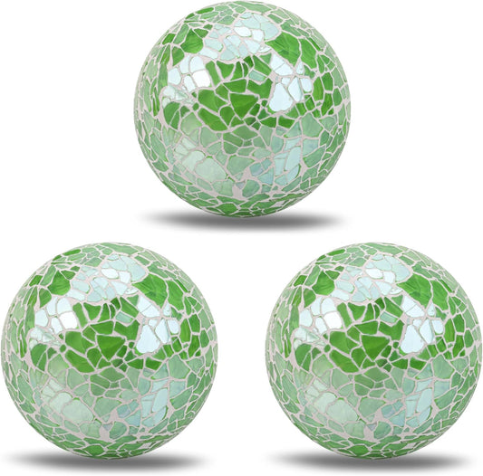 2 Pieces Decorative Glass Orbs 2.6 Inch Mosaic Crackl Solid Sphere Ball Table Centerpiece Balls Bowls Vases Christmas Decorative(Green)