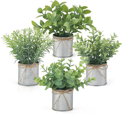 Mkono 4 Packs Small Fake Plants in Farmhouse Galvanized Pots Table Centerpiece Mini Potted Artificial Plants Faux Eucalyptus for Shelf Office Rustic Home Decor (White, Mini-6" H)
