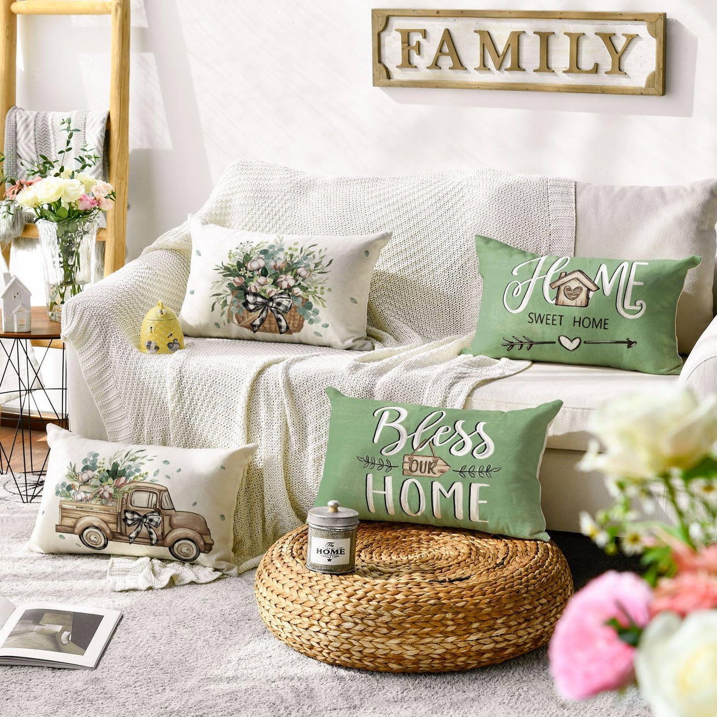 AVOIN colorlife Bless Our Home Farmhouse Eucalyptus Leaves Throw Pillow Covers, 18 x 18 Inch Truck Home Sweet Home Cushion Case Decorations Set of 4