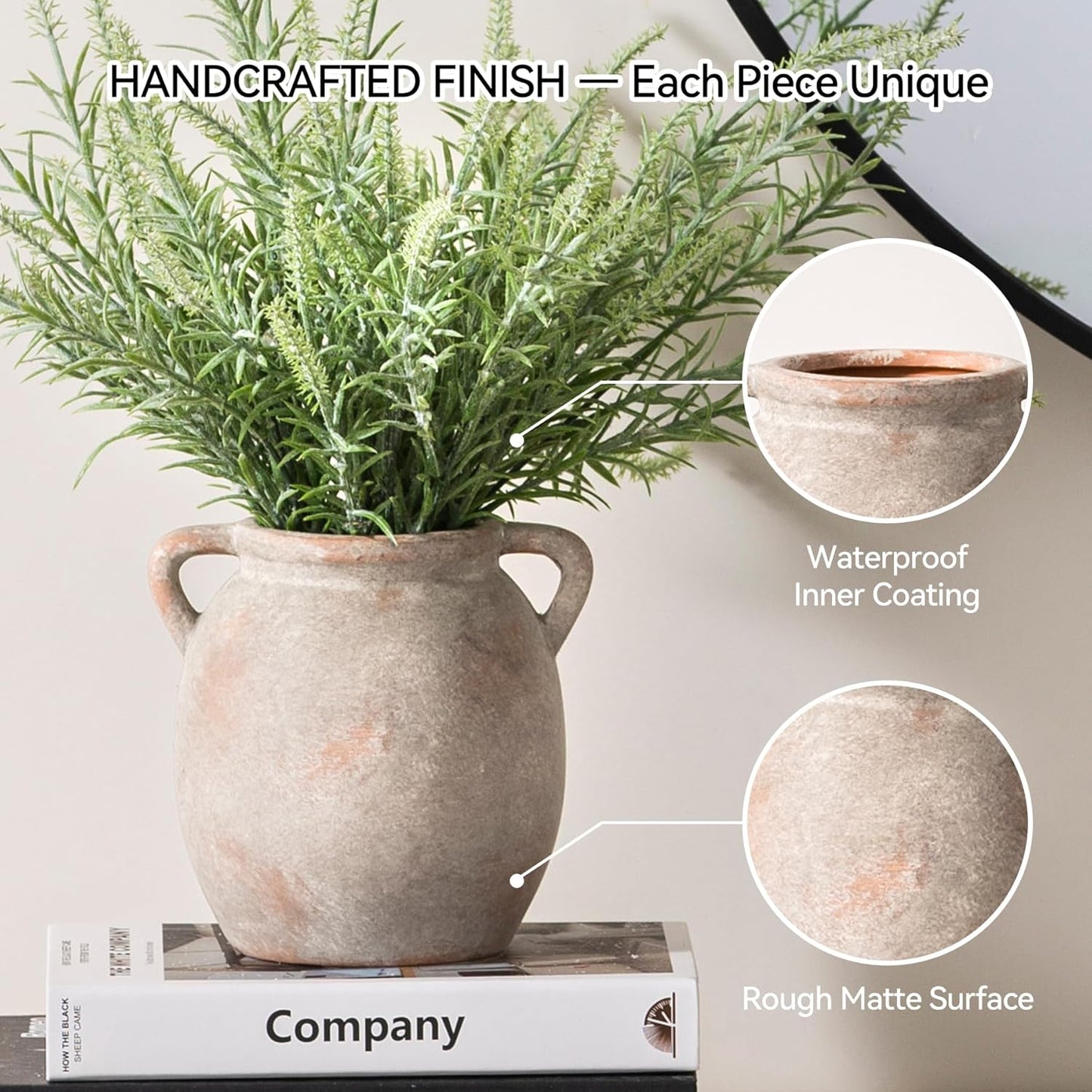 Dobbyby Ceramic Flower Vase 7.6 inch Farmhouse Rustic Vase Decorative Pottery Terracotta Vases for Home Decor Table Mantle Fireplace Living Room Bathroom Wedding Centerpiece (Whitewashed)