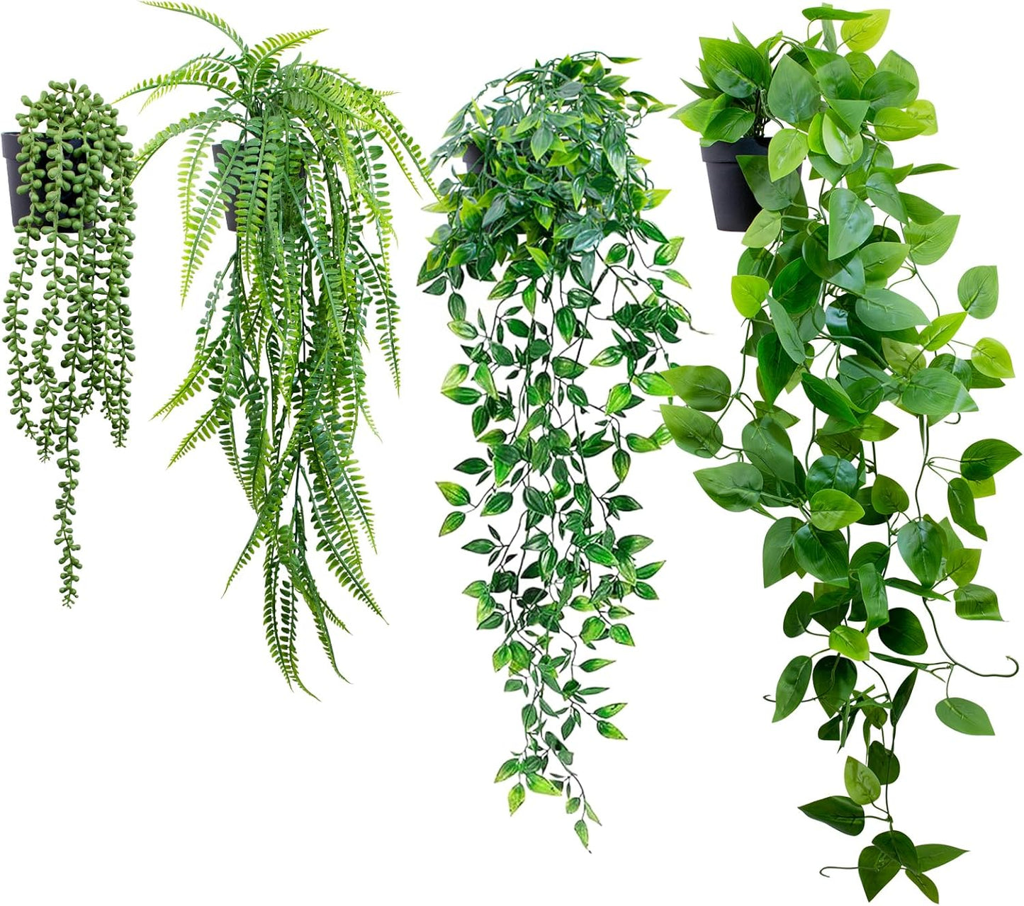 LOYWREE Fake Plants Indoor Artificial String of Pearls Plant in Black Pots, Realistic Green Faux Succulent Hanging Plants for Shelf Decor Desk Home Garden Decorations