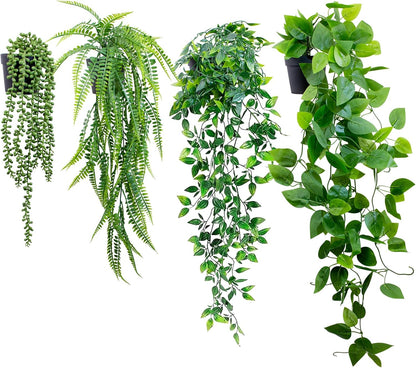 LOYWREE Fake Plants Indoor Artificial String of Pearls Plant in Black Pots, Realistic Green Faux Succulent Hanging Plants for Shelf Decor Desk Home Garden Decorations