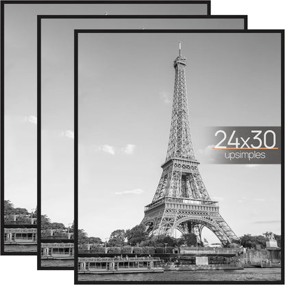 upsimples 24x36 Poster Frame Black 3 Pack, Scratch-Proof Picture Frames 24 x 36 for Photo Gallery - Slide-In Strips, Horizontal or Vertical Wall Mounting