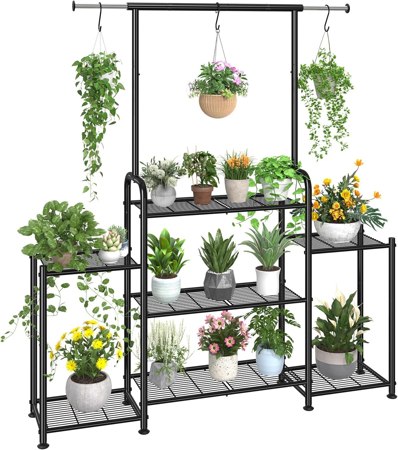 Simple Trending Plant Stand Indoor Outdoor, Heavy Duty Metal 3 Tiered Hanging Plant Shelf for Multiple Flower Planter Holder Tall Large Rack for Living Room Garden Balcony, Black