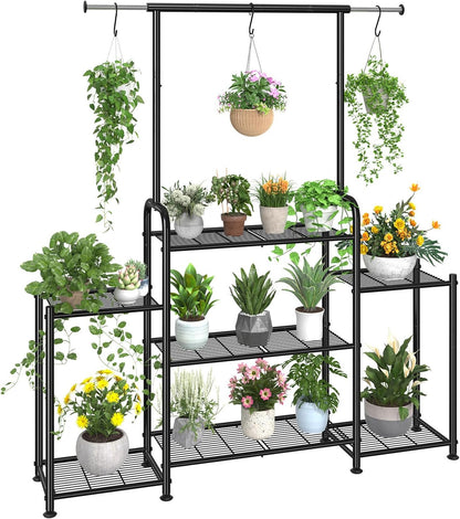 Simple Trending Plant Stand Indoor Outdoor, Heavy Duty Metal 3 Tiered Hanging Plant Shelf for Multiple Flower Planter Holder Tall Large Rack for Living Room Garden Balcony, Black