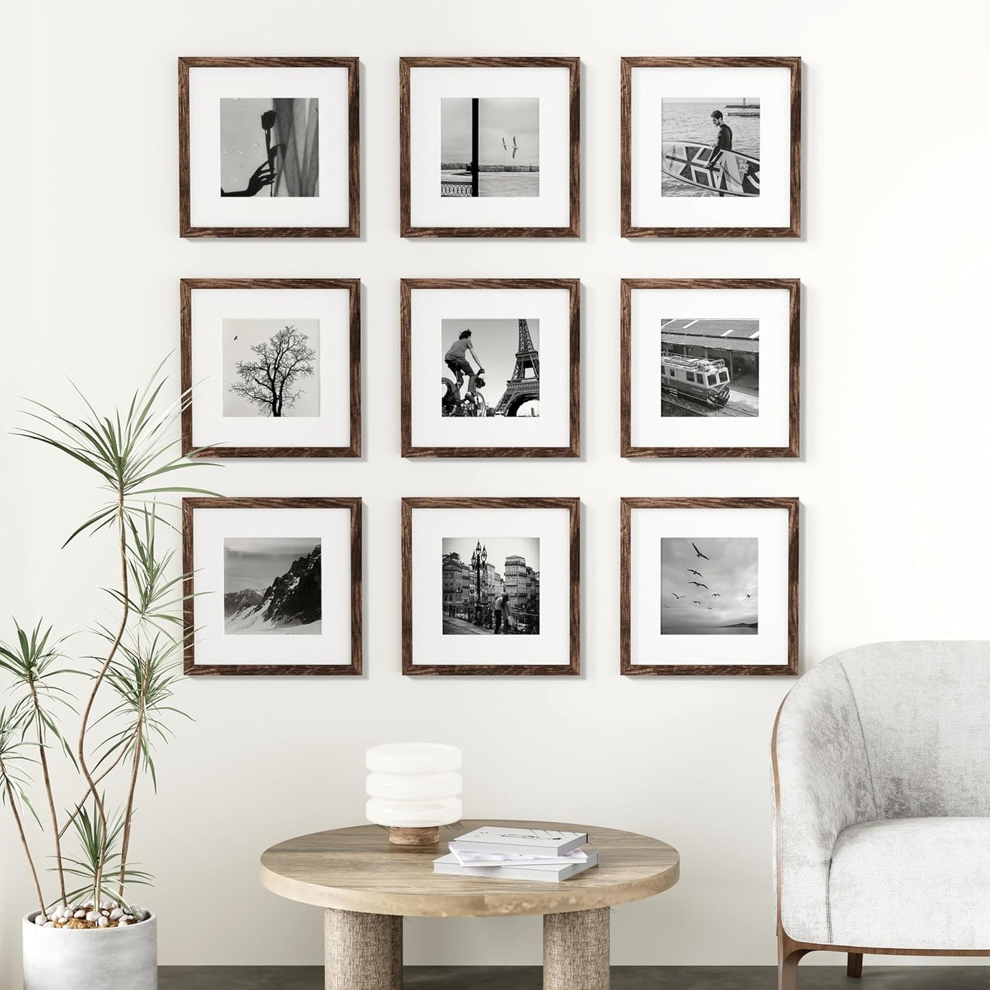 Vittanly 8x10 Picture Frames Set of 9, Shatter Resistant Plexiglass, Display 5x7 Pictures with Mat or 8x10 without Mat, Photo Frames for Wall or Tabletop, Engineered Wood, Black - Colors A
