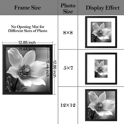eletecpro 12x12 Picture Frames Set of 9 with Clear Acrylic Cover, Display 8x8 Photos with Mat or 12x12 Without, Classic and Sturdy Square Collage Gallery Wall Decor, Easy Wall Mount, Black