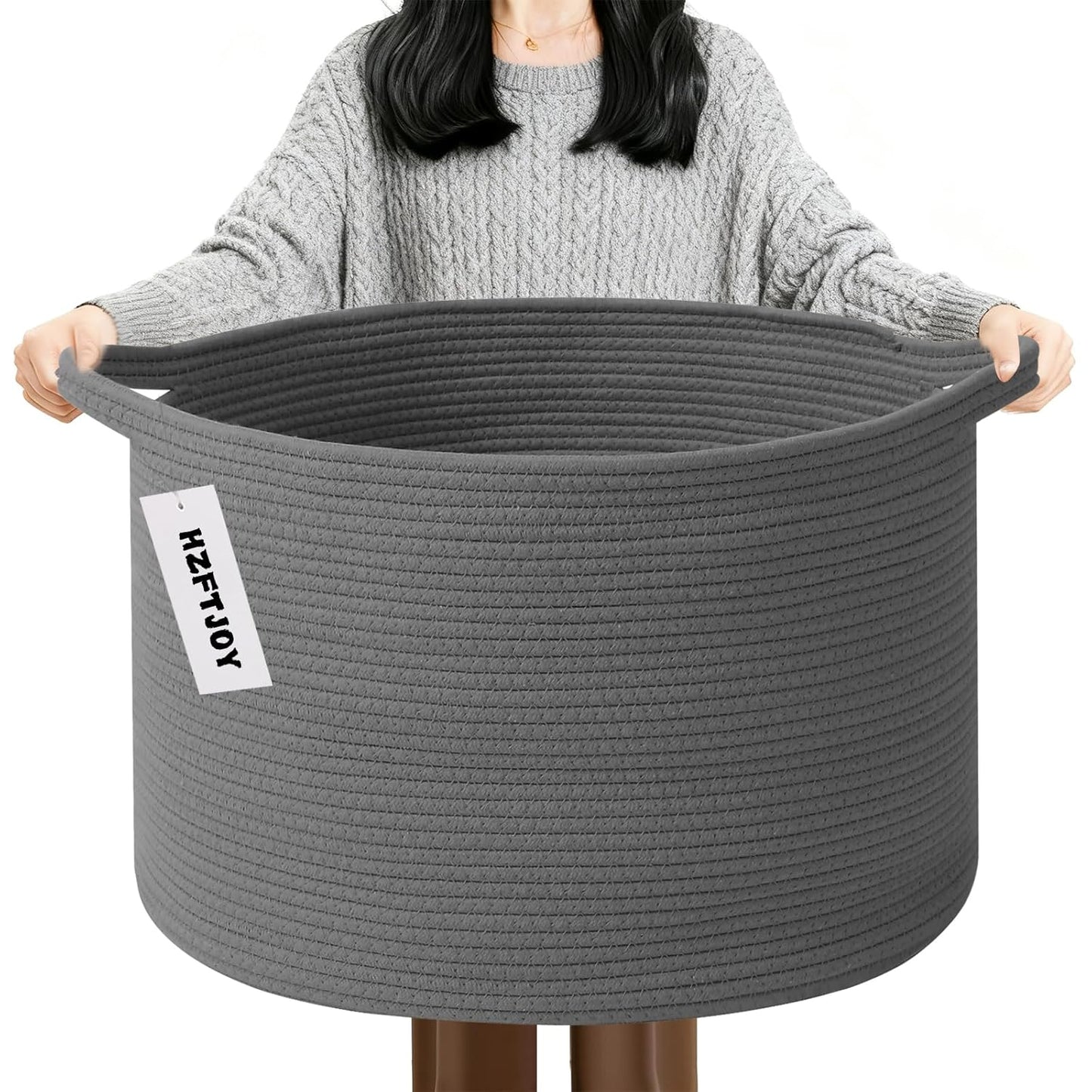 Large Woven Blanket Basket,65L Cotton Rope Laundry Basket Hamper with Handles, Decorative Nursery Basket Storage Bin for Toys, Clothes Organizer, Living Room, Bedroom, Bathroom, White & Brown