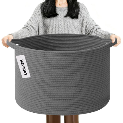 Large Woven Blanket Basket,65L Cotton Rope Laundry Basket Hamper with Handles, Decorative Nursery Basket Storage Bin for Toys, Clothes Organizer, Living Room, Bedroom, Bathroom, White & Brown