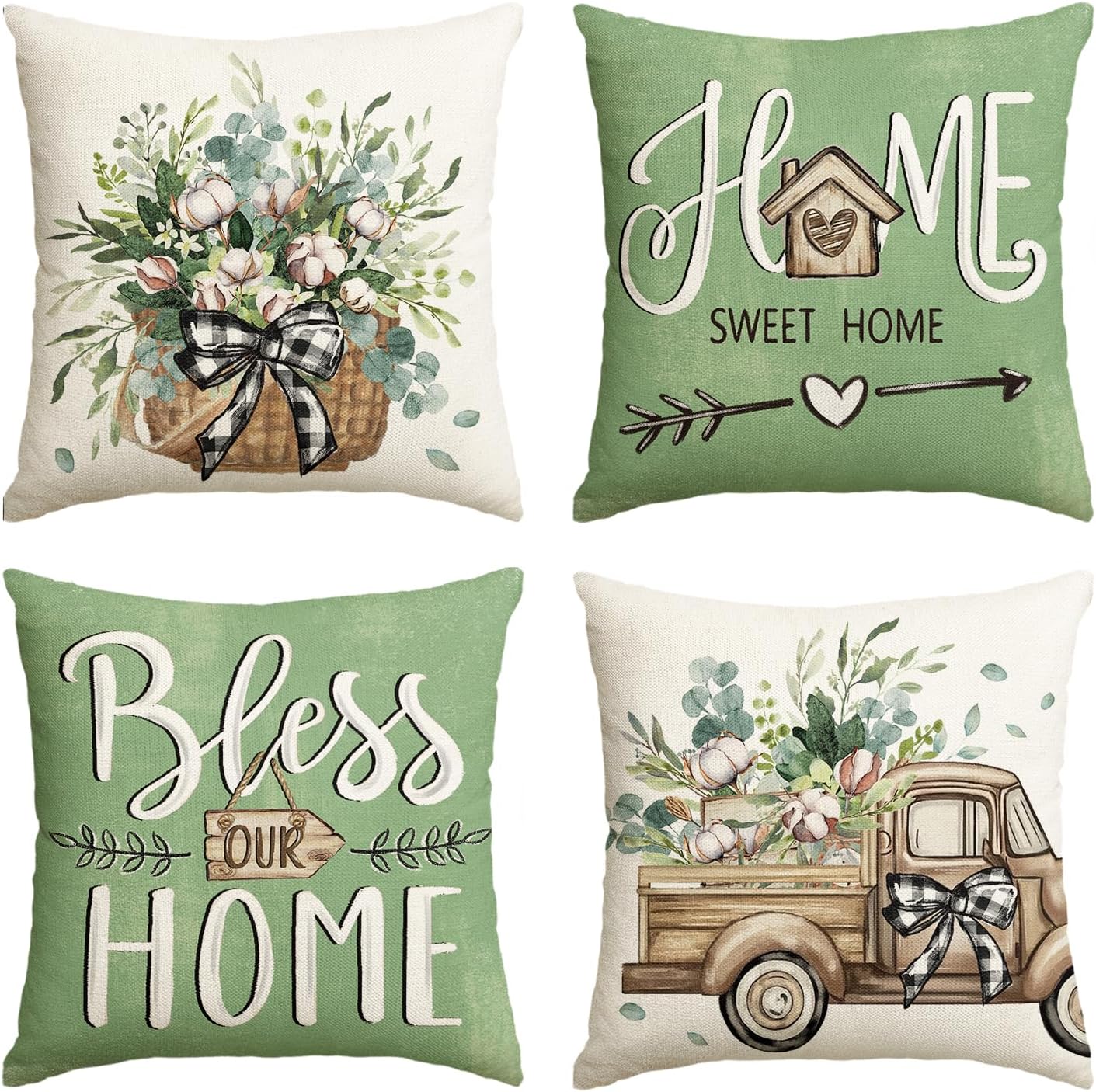 AVOIN colorlife Bless Our Home Farmhouse Eucalyptus Leaves Throw Pillow Covers, 18 x 18 Inch Truck Home Sweet Home Cushion Case Decorations Set of 4