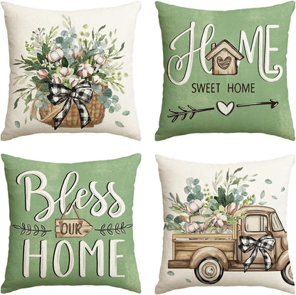 AVOIN colorlife Bless Our Home Farmhouse Eucalyptus Leaves Throw Pillow Covers, 18 x 18 Inch Truck Home Sweet Home Cushion Case Decorations Set of 4
