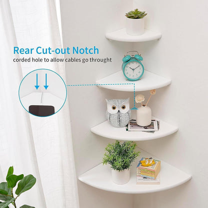 Corner Shelves, Floating Corner Shelf, Set of 2 7inch Solid Oak Wood Wall Shelves, Round End Wall Mount with Wire Hole Shelving for Small Plant for Bedroom Kitchen, Living Room