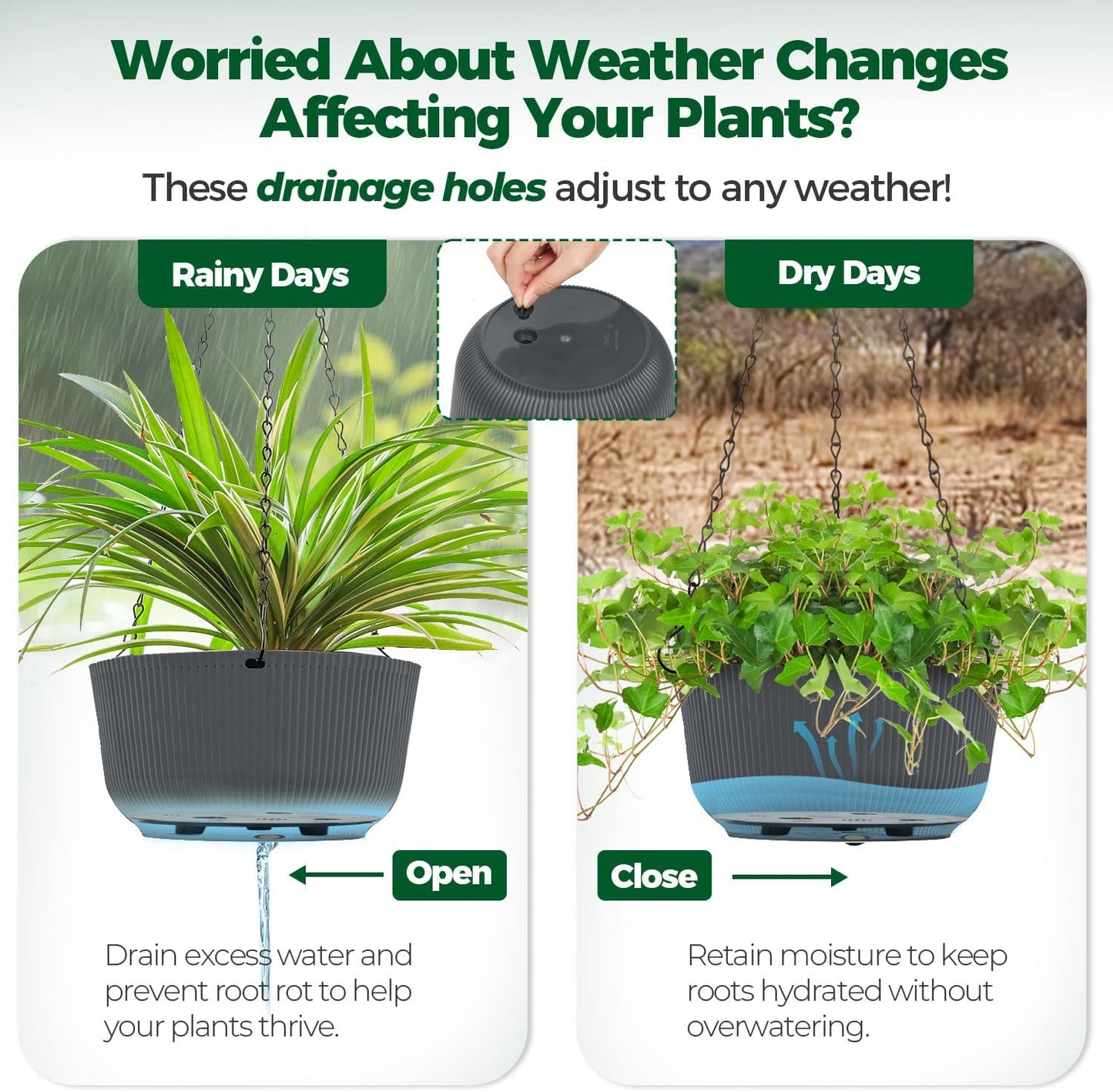 T4U 10 Inch Hanging Planters for Indoor Plants, 2 Pack White Self Watering Hanging Plant Pot, Hanging Pots Set with Drainage Hole & Plug & Chain with 3 Hooks for Garden Home Decor