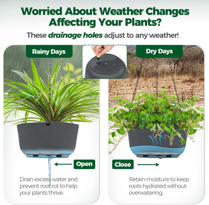 T4U 10 Inch Hanging Planters for Indoor Plants, 2 Pack White Self Watering Hanging Plant Pot, Hanging Pots Set with Drainage Hole & Plug & Chain with 3 Hooks for Garden Home Decor