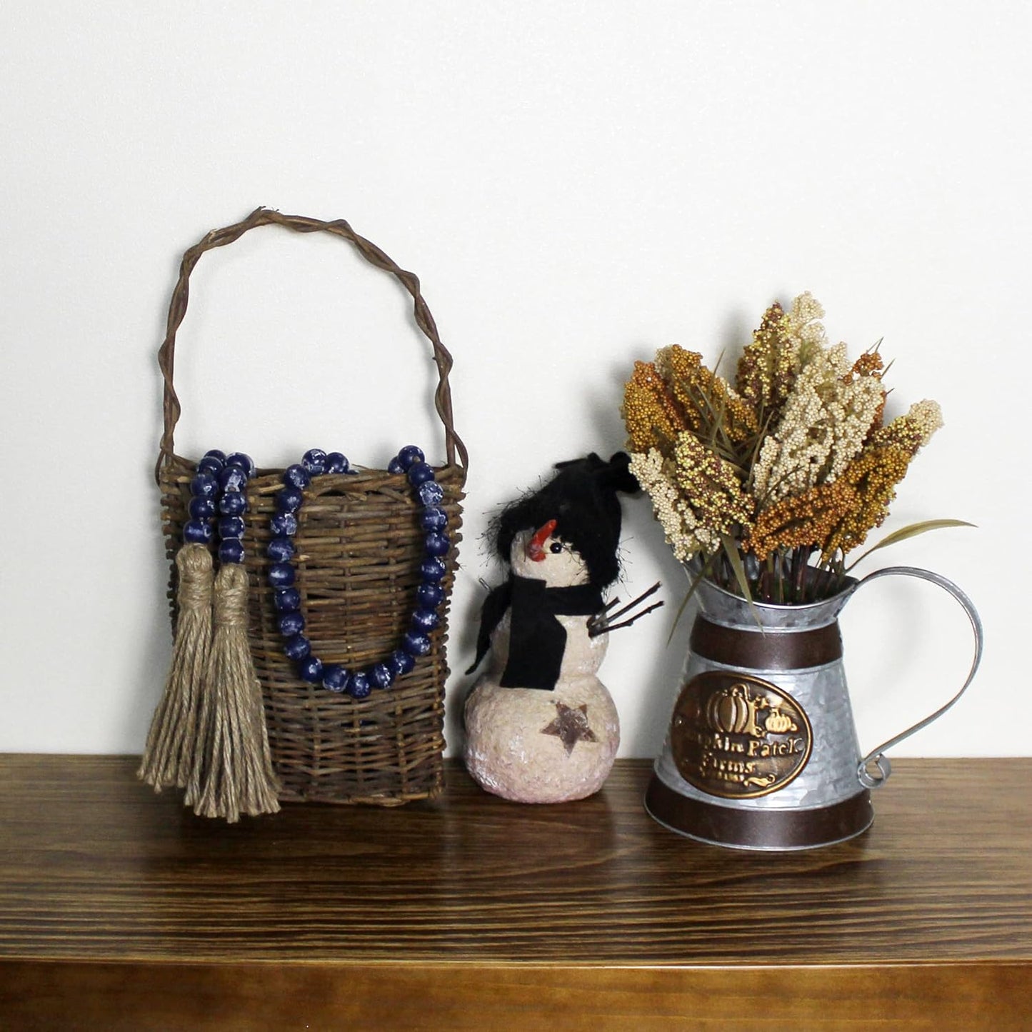 CVHOMEDECO. Wood Beads Garland with Tassels Farmhouse Rustic Wooden Prayer Bead String Wall Hanging Accent for Home Festival Decor. Mix Distressed