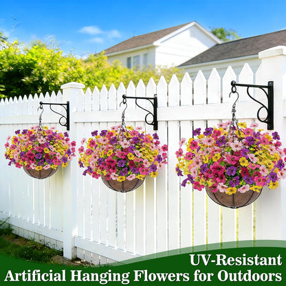 2 Sets Artificial Hanging Plants Flowers Basket Outdoor, Fake Hanging Plants 24 Pcs Flowers for Porch Patio Garden Home Decor for Mothers Day Memorial Day Spring Summer (Red, Purple, Yellow, Rose Red)