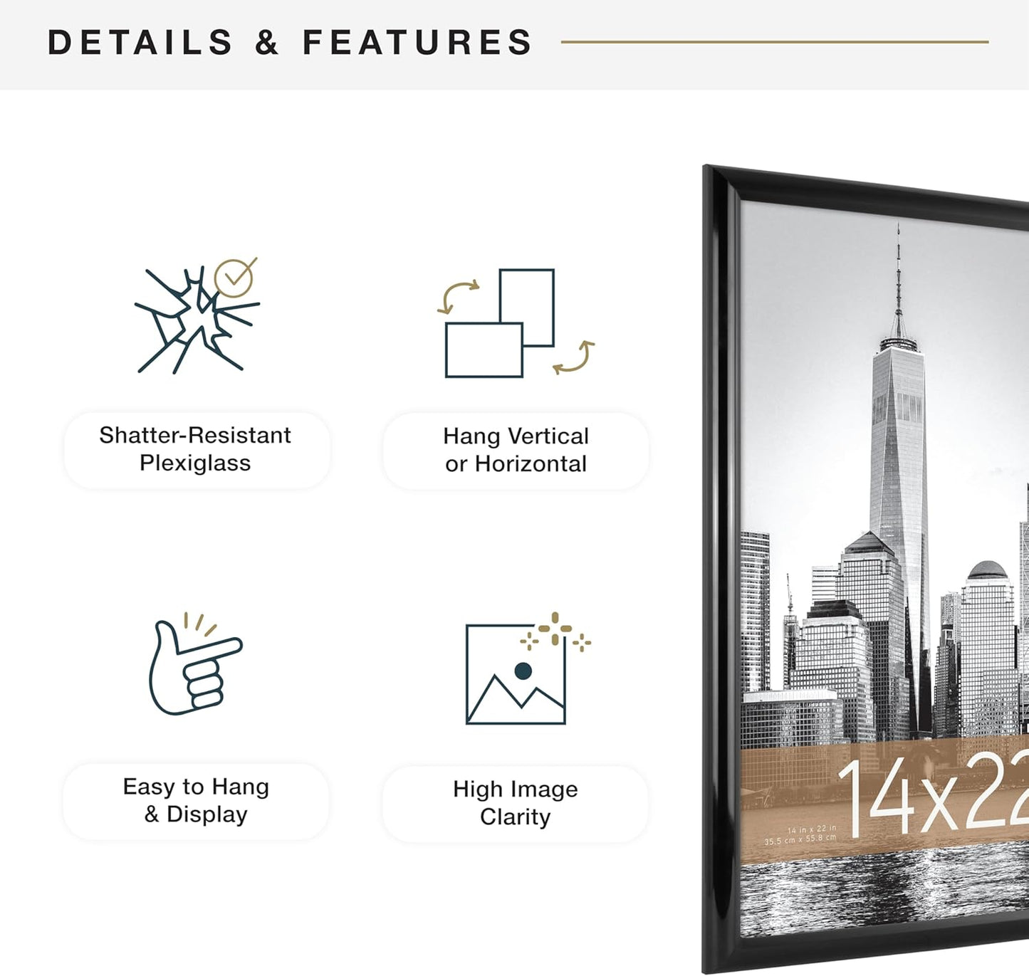 MCS Trendsetter 24x36 Poster Frame Black High-Gloss, Vertical & Horizontal Wall Hanging Large Picture Frame for Photos, Posters & Art Prints (1-Pack)
